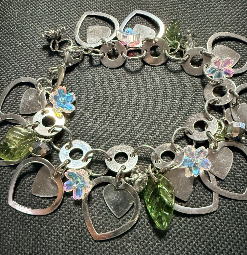 Handmade Silver Heart Charm Bracelet w/ Crystal Flowers & Leaves Adjustable